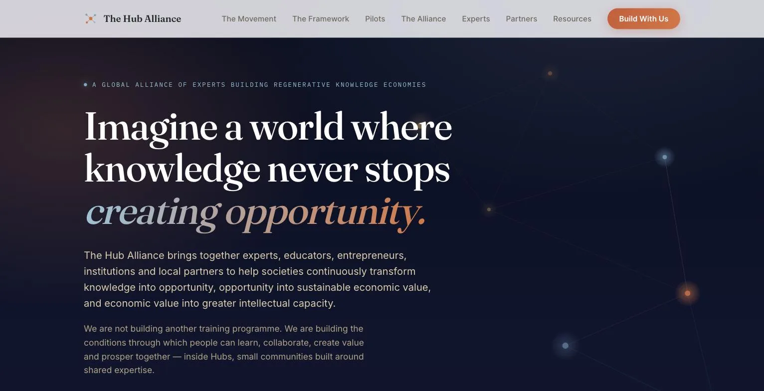 The Hub Alliance-nettsiden — en global allianse av eksperter som bygger regenerative kunnskapsøkonomier
