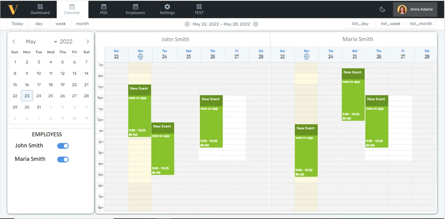 Vitality Hub-kalender med timeavtaler for to behandlere